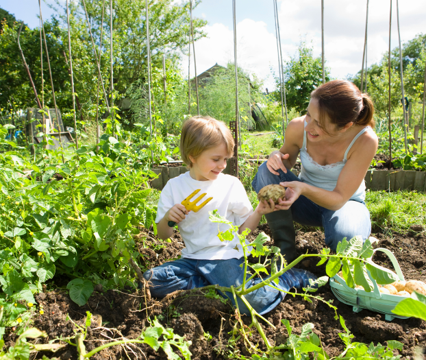 child and mother in garden using SNS WeedRot killing weeds - buy online now