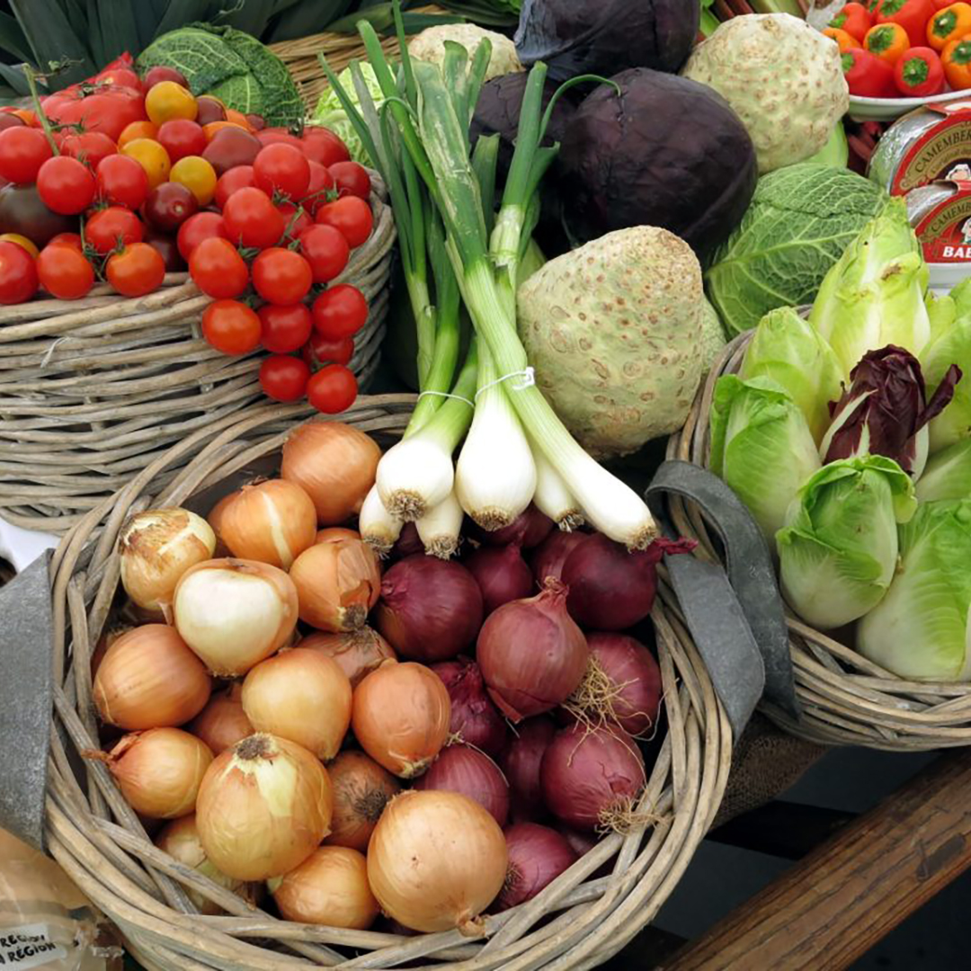 basket of harvested vegetables including green onions, cherry tomatoes, romaine lettuce, kale, peppers, cauliflower and red cabbage